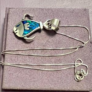 Vintage Mexico Sterling and Opal Fish Pendant and Sterling Chain